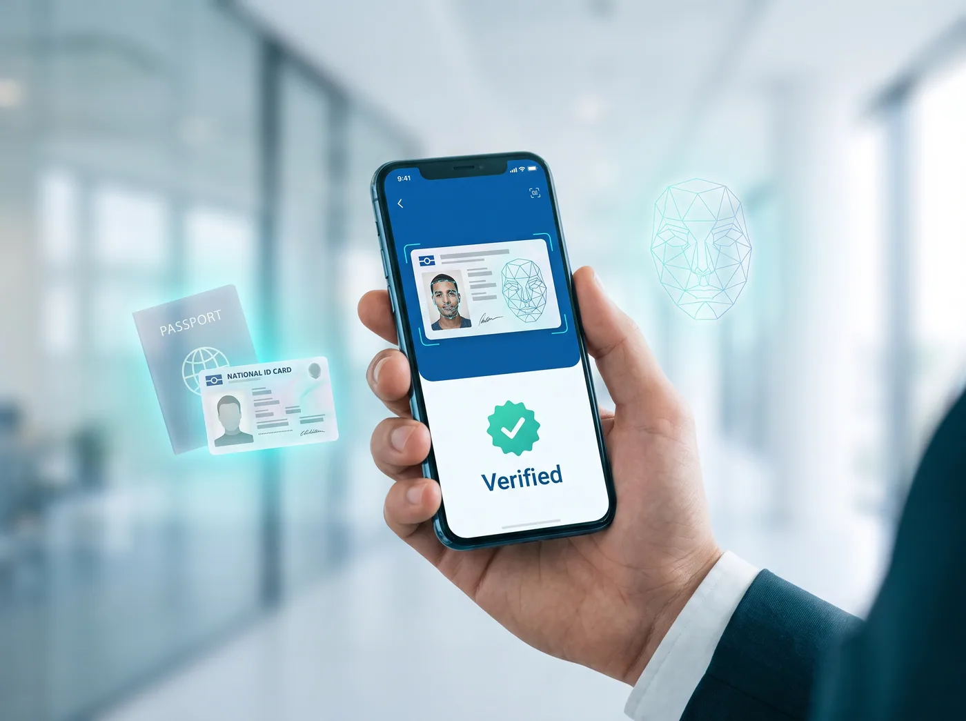 Identity verification with iDentity — an ID document and face match on a phone, showing Verified